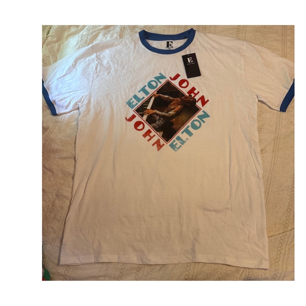 NEW Elton John Adult Unisex Piano Diamond White Ringer Tee, Size XXL